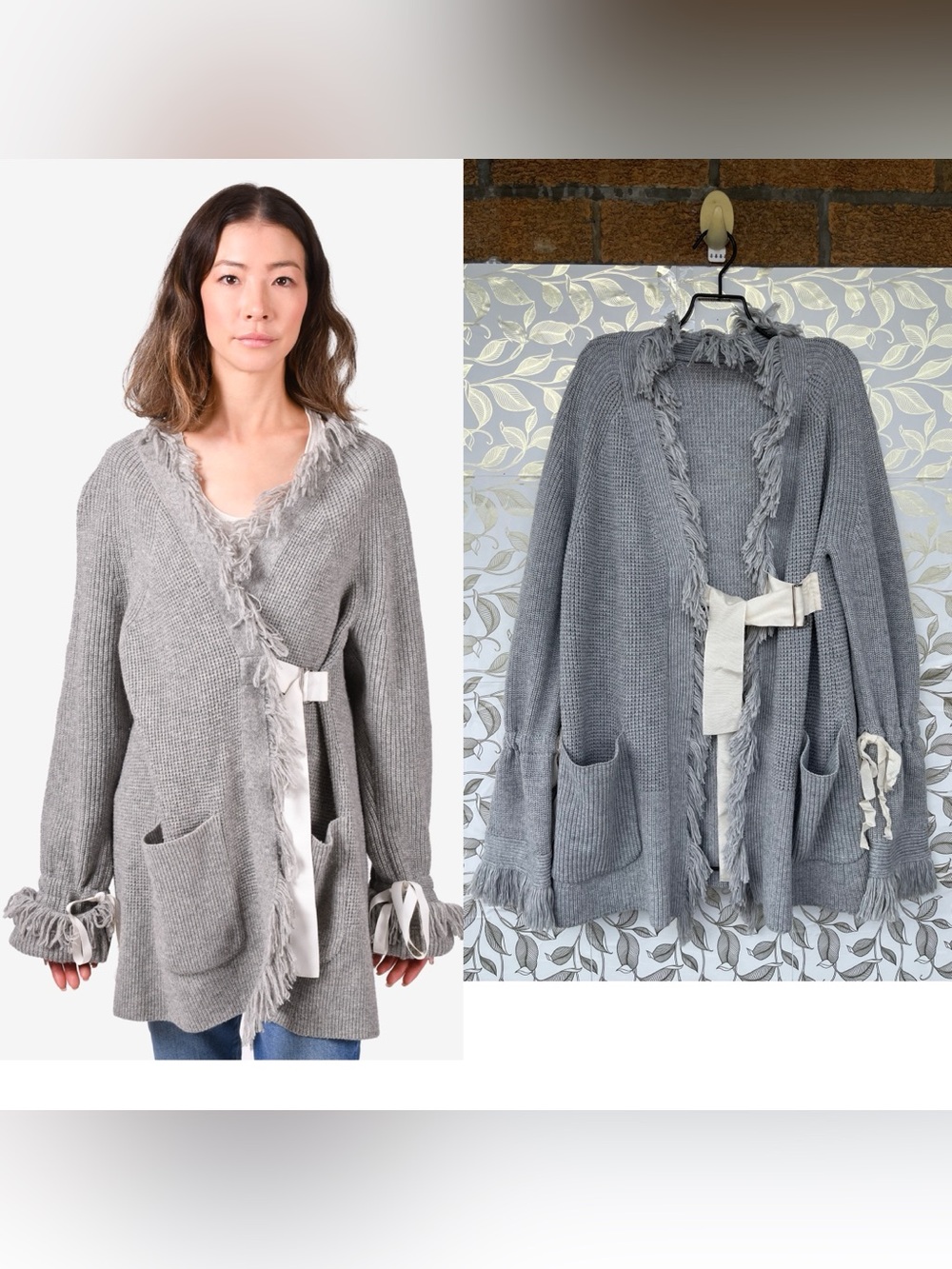 Sacai Fringe Trim Wool Blend Belted Cardigan Gray Sz 2 Quiet Luxury